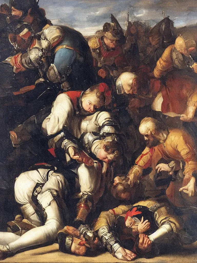 Prompt: the soldier bowed the queen down to the ground and laid his hand on top of her head, baroque painting