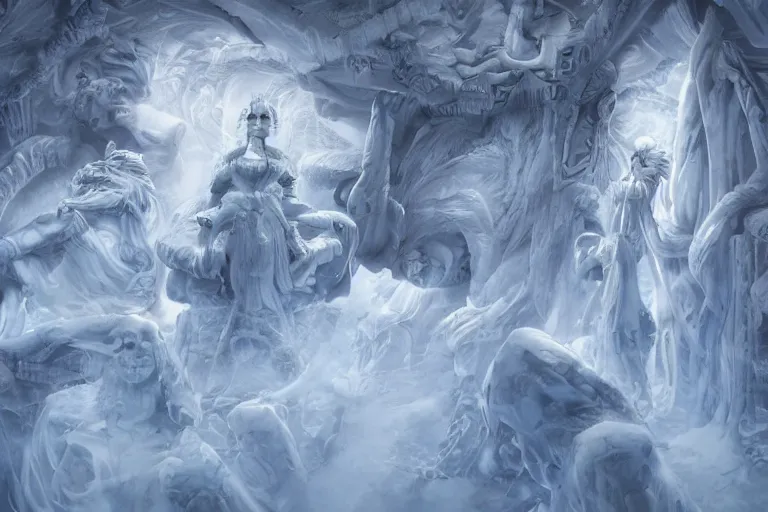 Image similar to a female goddess carved into a giant block of ice in an extradimensional realm, a shrine to worship her at, intricately detailed, physically based rendering, realistic, in the style of artgerm, illustration, epic, fantasy, hyper detailed, artstation, smooth, sharp focus, ray tracing