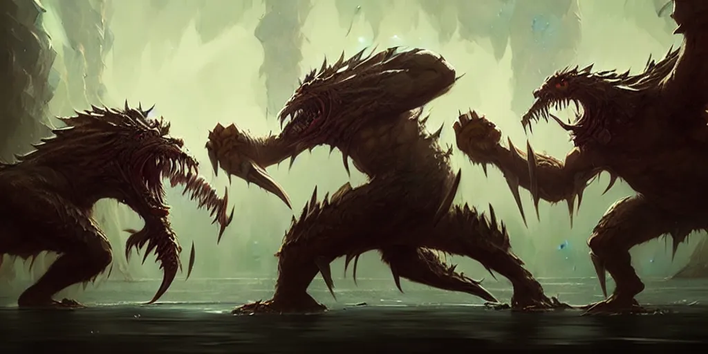 Image similar to hyper realistic fantasy monster fight scene, concept art, by greg rutkowski