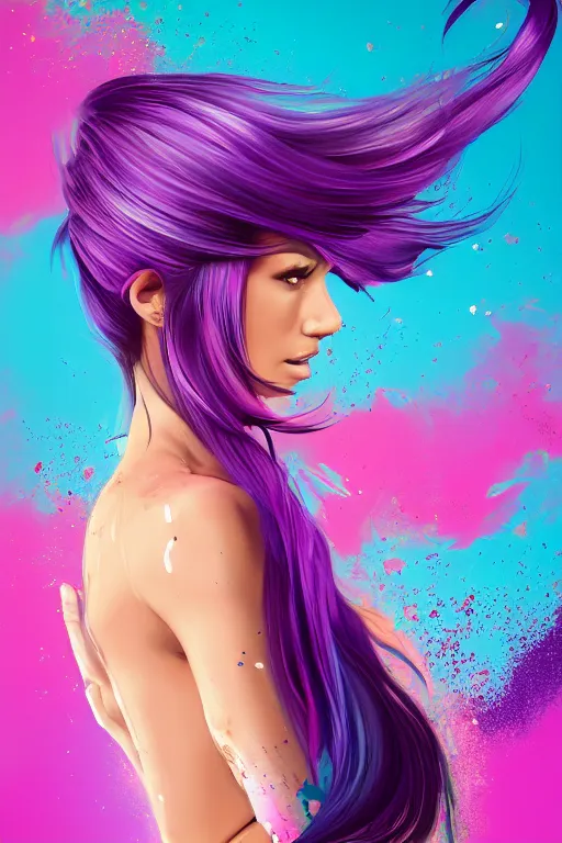 Image similar to a award winning half body portrait of a beautiful woman in a croptop and cargo pants with ombre purple pink teal hairstyle with head in motion and hair flying by artgerm, paint splashes, splatter, outrun, vaporware, shaded flat illustration, digital art, trending on artstation, highly detailed, fine detail, intricate