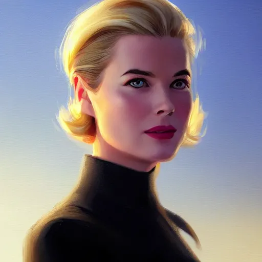 Image similar to a closeup portrait of a grace kelly, dramatic light, lake background, sunset, high contrast, sharp, painted by stanley lau, painted by greg rutkowski, painted by stanley artgerm, digital art, trending on artstation