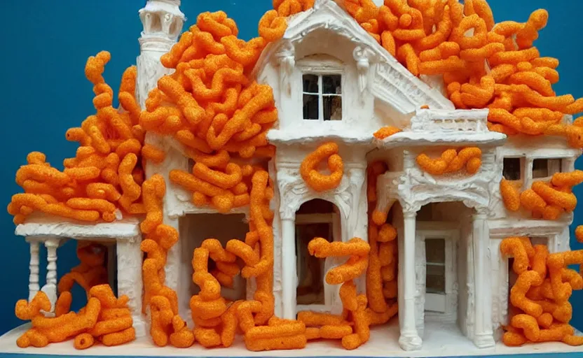 Image similar to beach house made of cheetos, rococo style, extremely detailed