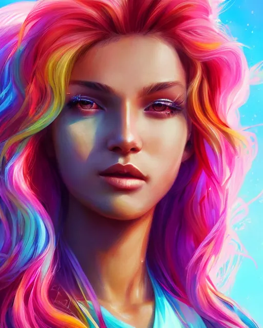 Image similar to summer vibes, beautiful sun tanned goddess portrait, flowy rainbow hair, sun, summer, cinematic lighting, highly detailed, digital painting, trending on artstation, pixiv, concept art, sharp focus, illustration, art by ross tran and wlop