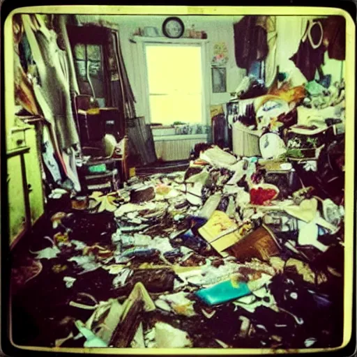 Image similar to messy house in the compulsive hoarder style, polaroid photo, perfect photo, photo pinterest