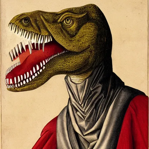 Image similar to portrait of an anthropomorphic tyrannosaurus rex, dressed as an italian duke, sandro bottecelli, 1 5 0 0