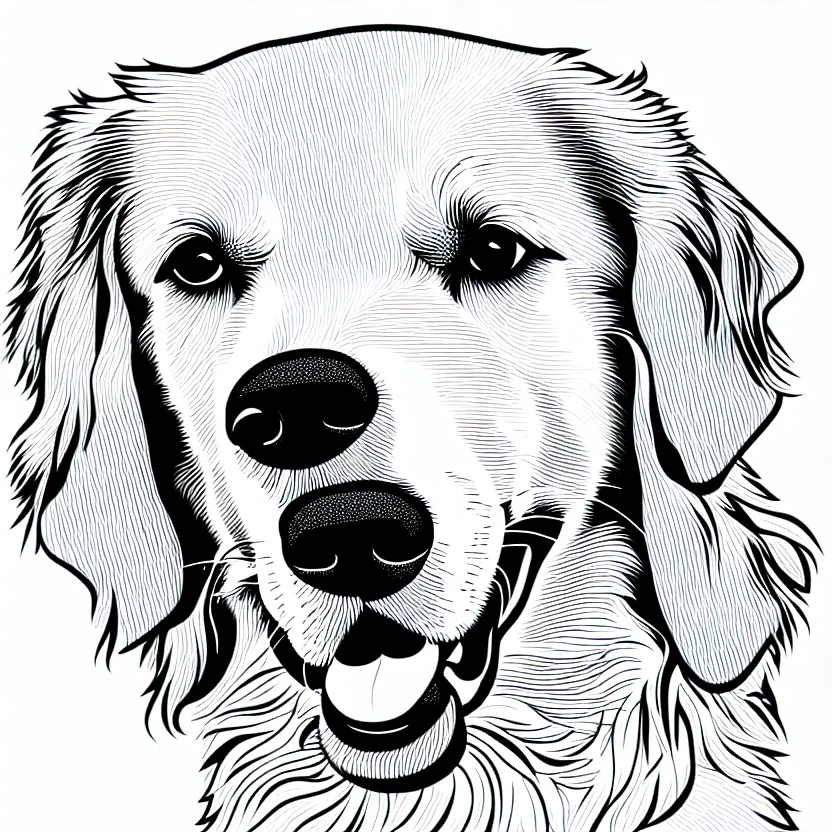 Prompt: full golden retriever portrait, white background, line art cartoon