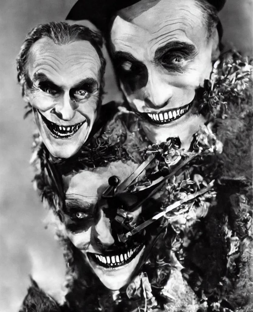 Image similar to technicolor photograph of conrad veidt the man who laughs wide grin, award winning colorized photo, sharp color palette