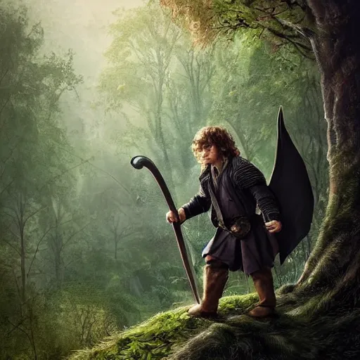 Image similar to a clean shaven rugged warrior hobbit in leather armor with very short hair and a dark green cloak and dark green hood and his pet dragon hiking through the forest, trending on artstation, realistic, detailed, by Tony Sart