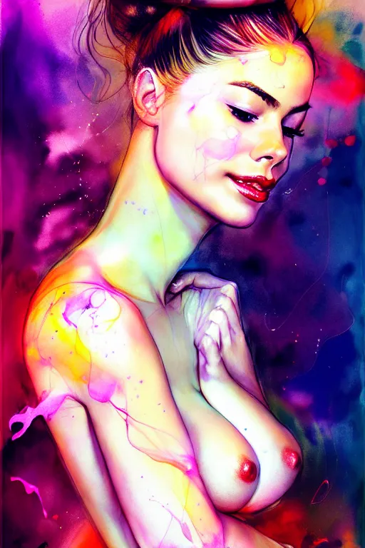 Prompt: sexy seductive little smile sophia vergara by agnes cecile enki bilal moebius, intricated details, sit face camera with legs spread out, hair styled in a bun, bend over posture, full body portrait, extremely luminous bright design, pastel colours, drips, autumn lights