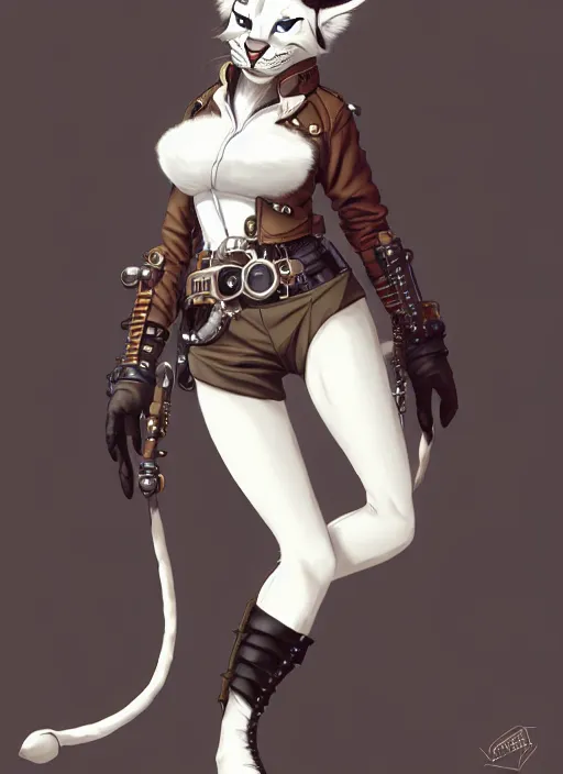 Image similar to wide angle beautiful full body portrait of a strong female anthropomorphic anthro lynx fursona wearing a steampunk leather. from behind, character design by disney, anime, manga, charlie bowater, ross tran, artgerm, and makoto shinkai, detailed, soft lighting, rendered in octane, white fur, white face, lynx facial features