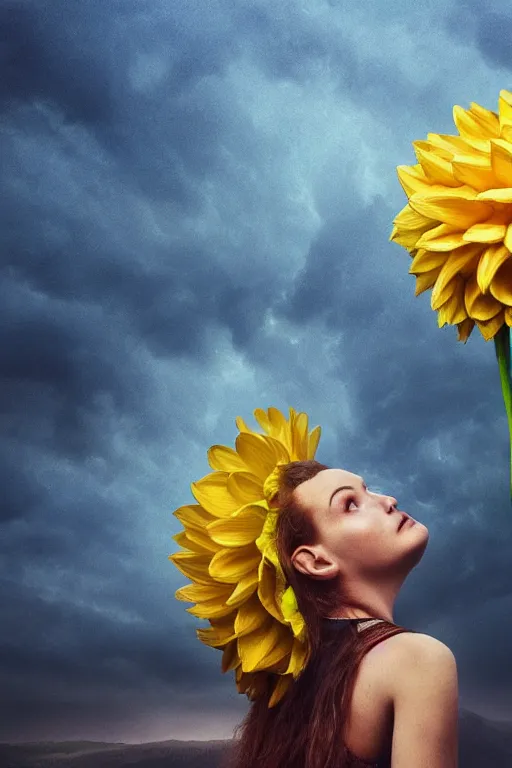 Prompt: closeup girl with giant yellow dahlia flower as head, standing on mountain, surreal photography, blue storm clouds, dramatic light, impressionist painting, digital painting, artstation, simon stalenhag