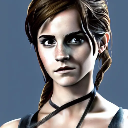 Image similar to Emma Watson as Lara Croft, digital art, highly-detailed, stunning