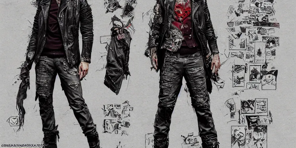 Image similar to the joker fully tattooed, wearing scratched and ripped leather jeans, wearing an aviator outfit with a smiley stamp on its back, character sheet, fine details, props, concept design, contrast, kim jung gi, greg rutkowski, trending on artstation, 8 k, full body, turnaround, front, back, ultra wide angle