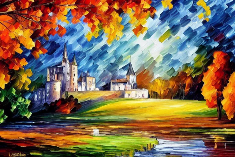 Prompt: a majestic castle rises above the dark woods in the sunlit valley, landscape by Leonid Afremov