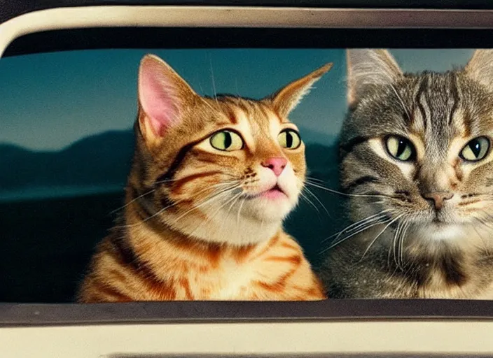 Image similar to A very high resolution image from a new movie, a cat driving a car around, inside of a car , mountains, Polaroid, directed by wes anderson