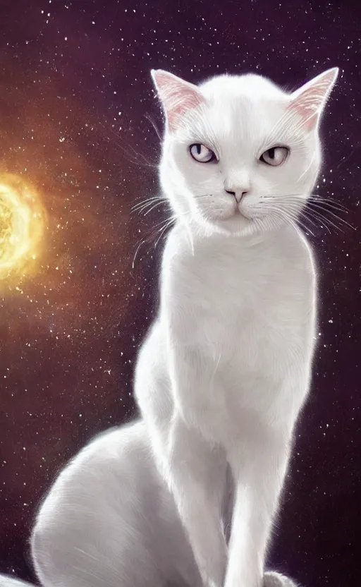 Image similar to a white cat with cosmos in its eyes, dynamic lighting, photorealistic fantasy concept art, trending on art station, stunning visuals, creative, cinematic, ultra detailed