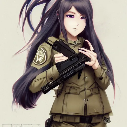 Prompt: infantry girl, anime style, long hair, hair down, symmetrical facial features, explosions, from girls frontline, combat clothes, hyper realistic, pale skin, 4 k, rule of thirds, extreme detail, detailed drawing, trending artstation, hd, fantasy, d & d, realistic lighting, by alphonse mucha, greg rutkowski, sharp focus, backlit