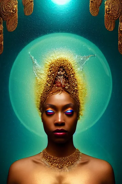 Image similar to hyperrealistic post - symbolist cinematic very beautiful! oshun goddess with white eyes, yoruba body paint, dripping mirror droplet jewerly, gold flowers, highly detailed digital art masterpiece, smooth etienne sandorfi eric zener dramatic pearlescent soft teal light, ground angle uhd 8 k, sharp focus