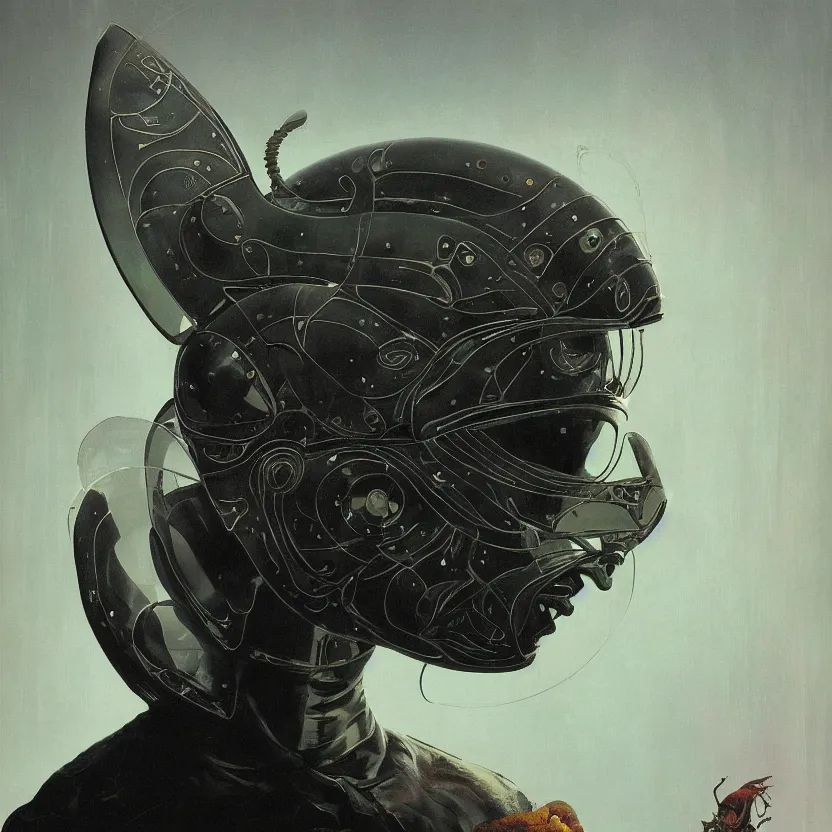 Prompt: a neoclassicist portrait of a an otherworldy person with a retrofuturistic butterfly mask. iridescent reflective alien textures. foggy black background. highly detailed science fiction painting by norman rockwell, frank frazetta, syd mead and moebius. rich colors, high contrast, gloomy atmosphere, dark background. trending on artstation.