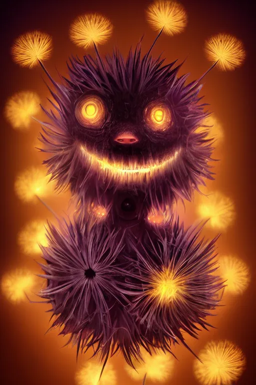 Prompt: a glowing humanoid figure dandelion monster with large glowing eyes, highly detailed, digital art, sharp focus, trending on art station, artichoke, anime art style