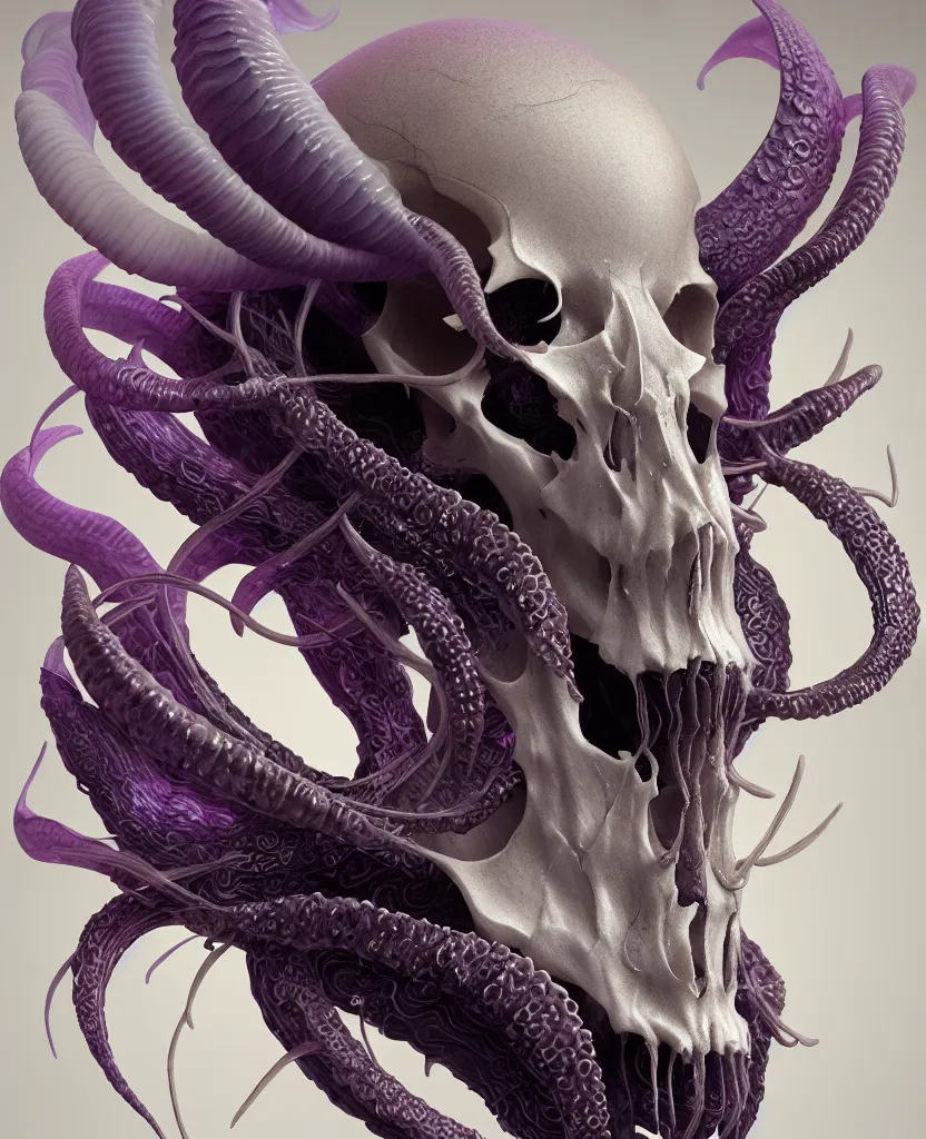 Image similar to goddess close-up portrait goat skull. jellyfish phoenix head, nautilus, orchid, skull, betta fish, bioluminiscent creatures, intricate artwork by Tooth Wu and wlop and beeple. octane render, trending on artstation, greg rutkowski very coherent symmetrical artwork. cinematic, hyper realism, high detail, octane render, 8k