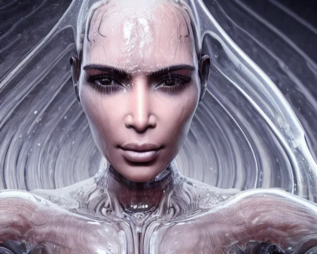 Image similar to epic full - body - shot still of kim kardashian unconscious in a transparent alien liquid, wet flowing hair, gooey skin, illustration, unreal engine 5, 8 k, made by h. r. giger.