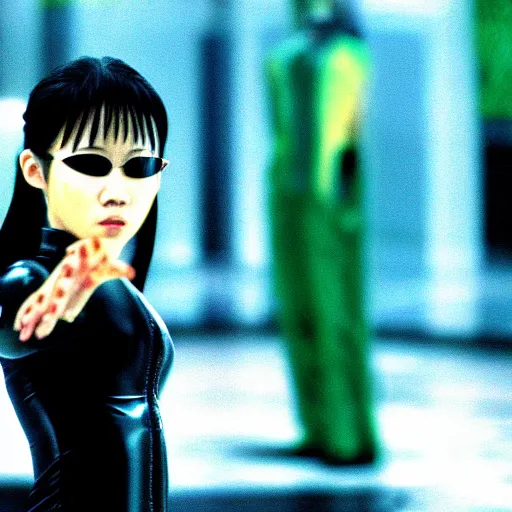 Prompt: photo still of actress miku hatsune in the matrix ( 1 9 9 9 )