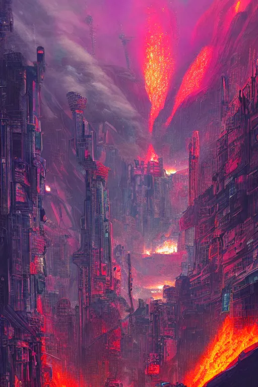 Image similar to a cyberpunk city in the crater of a volcano, lava flowing, smoke, fire, neon, clubs, industrial, by paul lehr, jesper ejsing