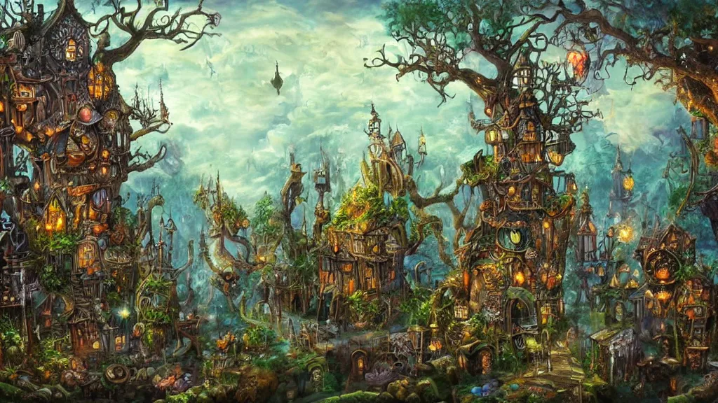 Prompt: A steampunk fairy village in the trees, highly detailed oil painting, epic fantasy art, abstraction, masterpiece, 8k