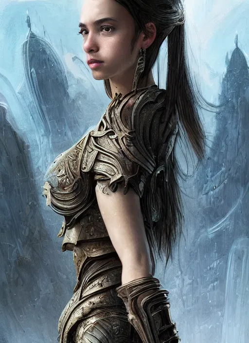 Image similar to a professional portrait of a beautiful young female, clothed in ethereal battle armor, olive skin, long dark hair, beautiful bone structure, symmetrical facial features, intricate, elegant, digital painting, concept art, smooth, sharp focus, finely detailed, illustration, from Valerian and the City of a Thousand Planets, in the style of Ruan Jia and Mandy Jurgens and Artgerm and Greg Rutkowski and William-Adolphe Bouguerea