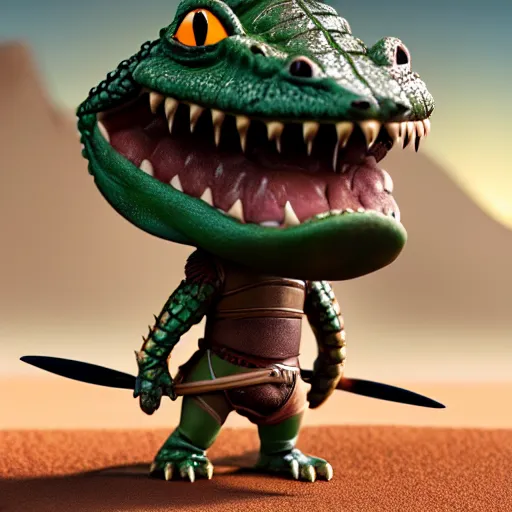 Prompt: antropomorphic medieval knight crocodile warrior as nendoroid walking in a desert in the croods movie style, anime, disney, pixar, 8 k, hd, dof, kodak film, volumetric lighting, subsurface scattering, photorealistic, octane render, details