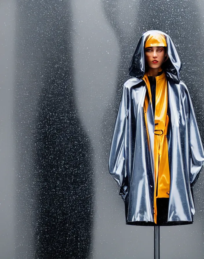 Image similar to close - up portrait of an empty slick fashionable zara raincoat floating suspended mid - air on a glittering wet rainy display designed by james terrell, wes anderson, felipe pantone, symmetry, rule of thirds