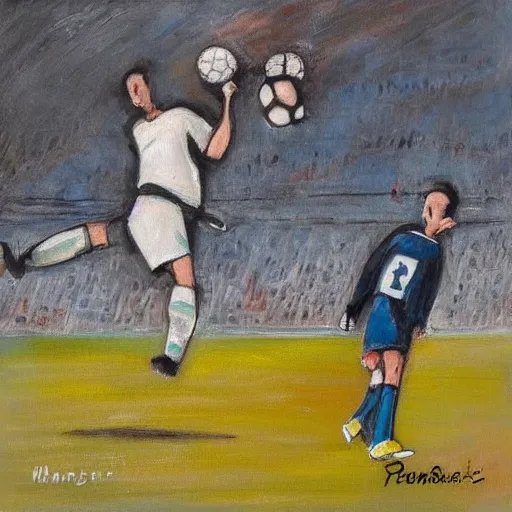 Image similar to goal keeper flying to catch a soccer ball with wings, rennasainse painting