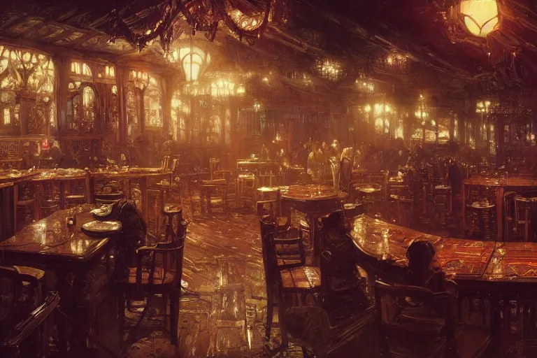 Image similar to busy fantasy tavern interior, intricate, elegant, highly detailed, john howe, john park, sparth, ruan jia, jeffrey catherine jones