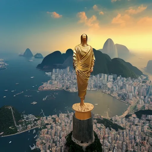 Image similar to a highly detailed picture of, the christo redentor dabbing over rio de janeiro and shouting poggers, ultrawide lens, art by john collier and albert aublet and krenz cushart and artem demura and alphonse mucha, volumetric lighting, octane render, 4 k resolution, trending on artstation, masterpiece