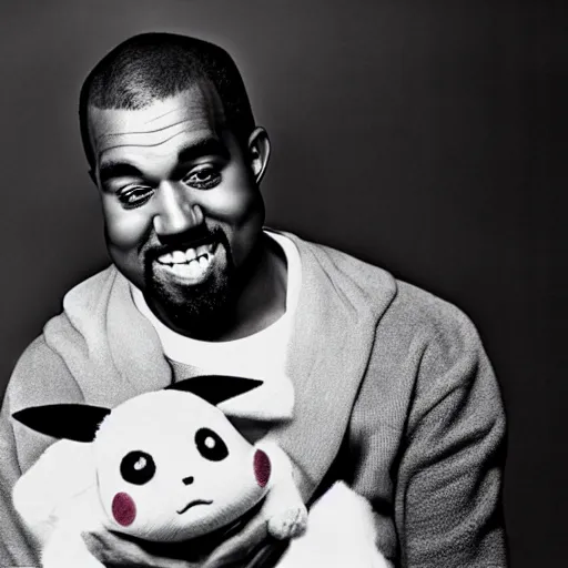 Image similar to kanye west smiling holding pikachu for a 1 9 9 0 s sitcom tv show, studio photograph, portrait c 1 2. 0