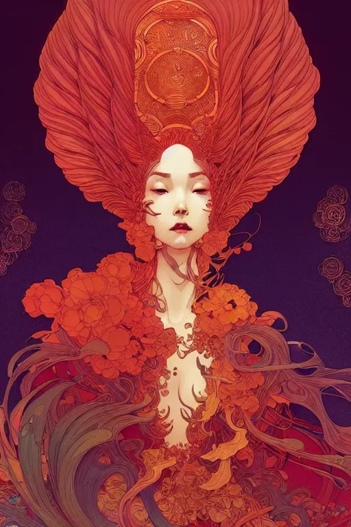 Image similar to a beautiful hyperdetailed character design 4 k wallpaper illustration of a huge reddish phoenix by victo ngai and mucha, denoise, deblurring, artgerm, xision, james jean, ross tran, chinese style