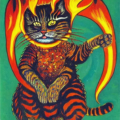 Image similar to a cat with fire in her claws, louis wain, fantasy art