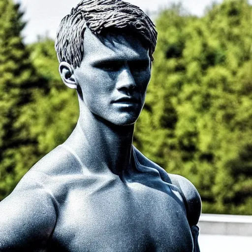 Prompt: a realistic detailed photo of a guy who is an attractive humanoid who is half robot and half humanoid, who is a male android, soccer player martin ødegaard, shiny skin, posing like a statue, blank stare, by the pool, on display, showing off his muscles, humanoid robot, frozen ice statue