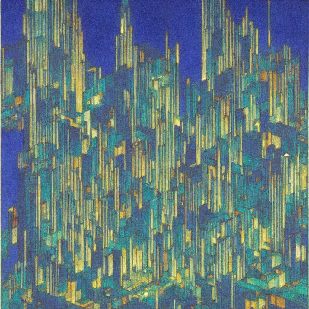 Image similar to isometric artdeco blue and green cathedral at night by frank lloyd wright, isometric, painted by piet mondrian