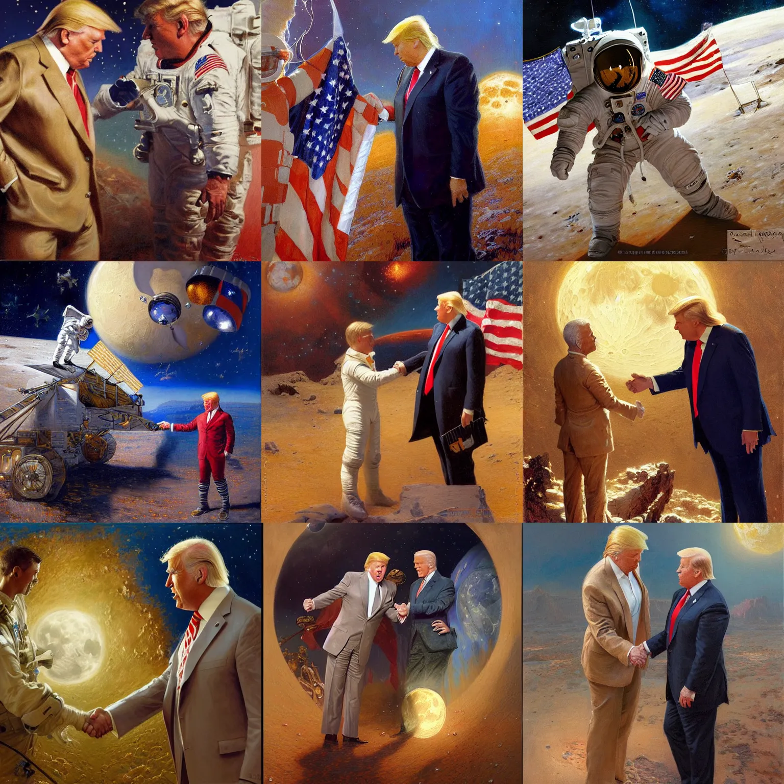 Prompt: portrait donald trump shaking hands with portair joe biden on the moon, highly detailed painting by gaston bussiere, craig mullins, j. c. leyendecker 8 k