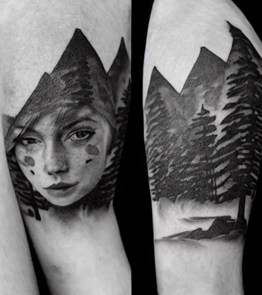 Image similar to a beautiful girl portrait, faded mountain background, realism tattoo, in the style of den yakovlev, black and white, hyper realistic, highly detailed