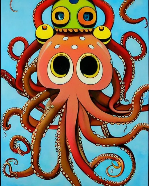 Image similar to Octopus goddess, a painting of a weird creature with a weird hat, a surrealist painting by Takashi Murakami, trending on deviantart, pop surrealism, lowbrow, lovecraftian, whimsical