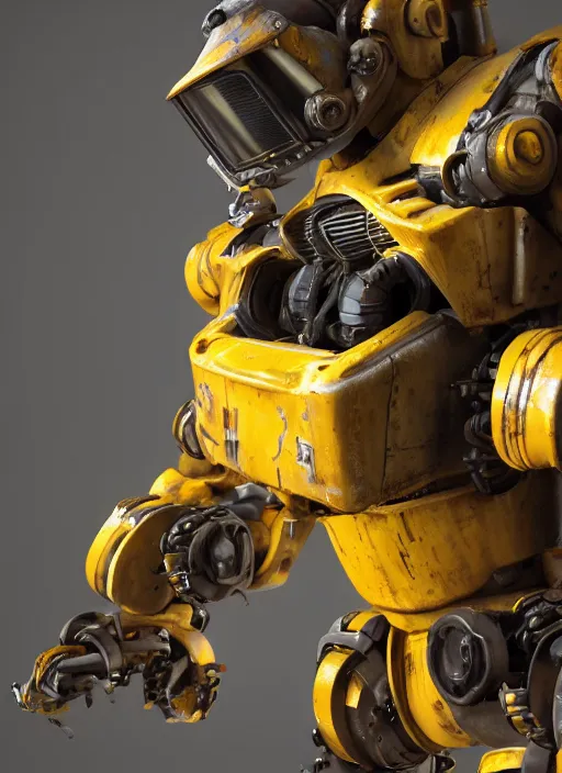 Prompt: a photorealistic dramatic hyperrealistic render of a futuristic exosuit power loader heavy machinery, ultra realistic details, glossy yellow, well worn, rust, oil stains by vitaly bulgarov and mike nash, beautiful dramatic dark moody tones and lighting, cinematic atmosphere, studio lighting, global illumination, shadows, dark background, octane render, 8 k