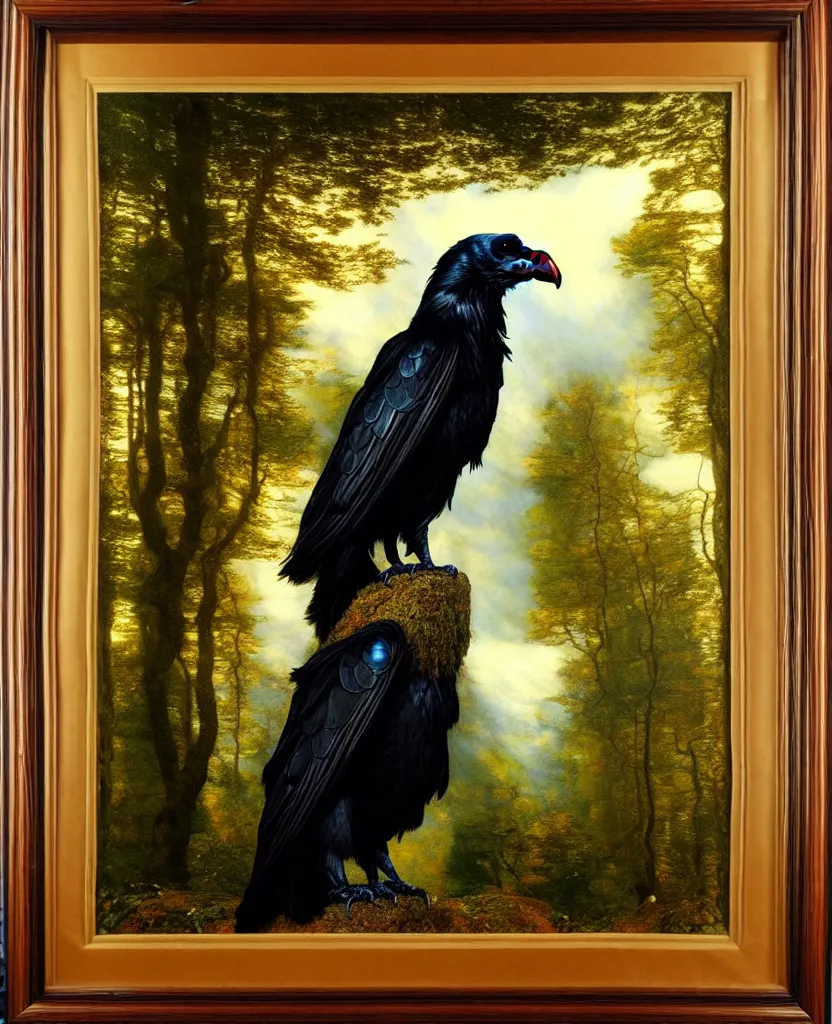 Image similar to a breathtakingly stunningly pre raphaelite beautifully highly detailed animal portrait of a majestic raven, in an forest with arch and smokey reflections, framed, by rosetti and devinci and michael cheval and sidney cooper and turner, 4 k