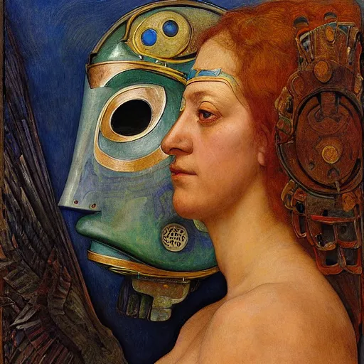 Image similar to the bird queen with her robot mask, by annie swynnerton and diego rivera and elihu vedder and jean delville, symbolist, dramatic lighting, elaborate geometric ornament, head and shoulders view, art brut, soft cool colors, smooth, sharp focus, extremely detailed, adolf wolfli, donato giancola