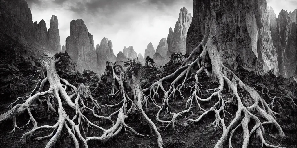 Prompt: photography of dolomites overgrown by roots, dolomites, alpine, detailed intricate insanely detailed octane render, 8k artistic 1920s photography, photorealistic, chiaroscuro, black and white, hd, by David Cronenberg, Raphael, Caravaggio