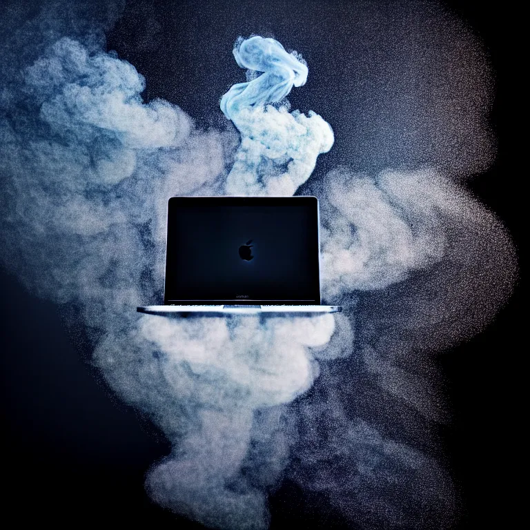 Image similar to a photo portrait of a macbook disintegration in dust and smoke, cinematic photography, smoke rising like clouds, photorealism, canon 5 d, 5 0 mm lens, super resolution, cgi, volumetric lighting & shadows, hyper detailed, 8 k, unreal engine,