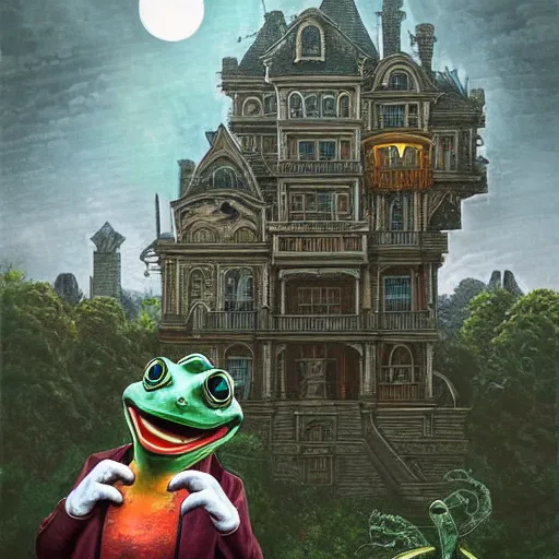 Prompt: A portrait of a scary godlike anthropomorphic frog smoking a cigarette , mansion made of mushrooms in background . award winning. superb resolution. in the art style of junji Ito and greg rutkowski . Detailed Mushroom city in background. Hyper realistic anime. Perfect art. Dalle2