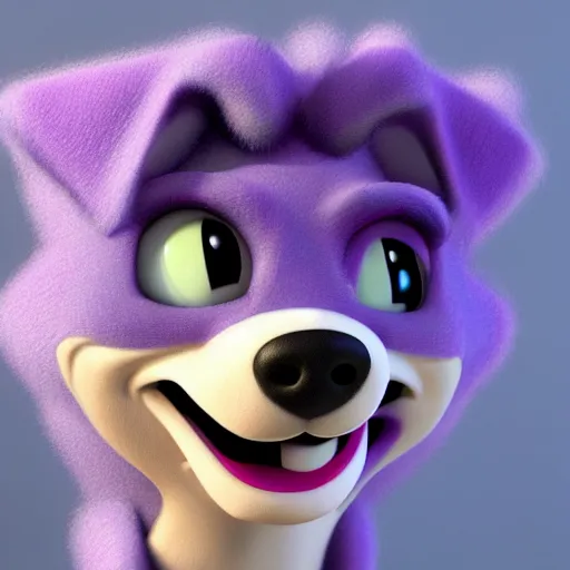 Prompt: an 3d render of a purple dog character, in the style of disney, pixar, mixed media collage, highly detailed, 8k resolution